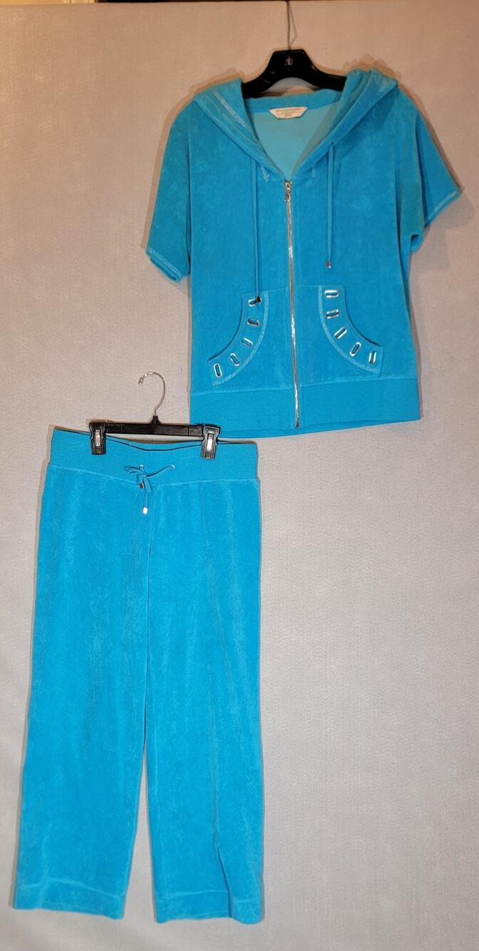 Boston Proper Sport Blue Terry Cloth Short Sleeve Hoodie Pants Set Small